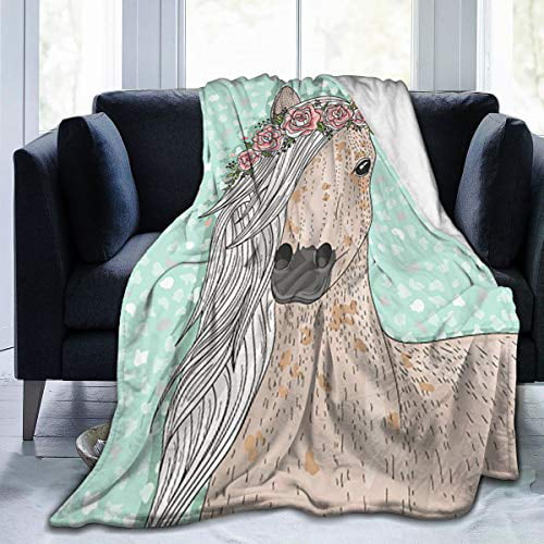 Delerain Horse Floral Flannel Fleece Throw Blanket 50x60 Living Room/Bedroom/Sofa Couch Warm Soft Bed Blanket for Kids Adults All Season 